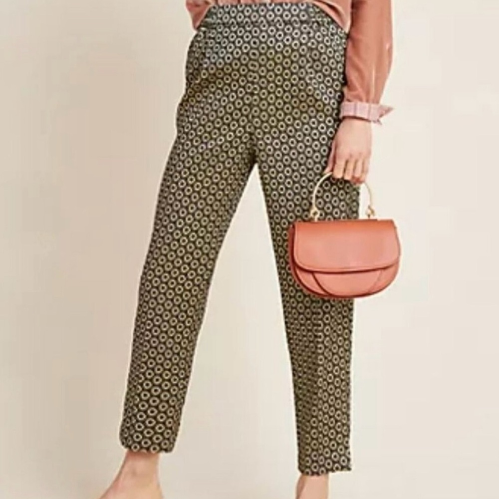 Anthropologie Gold Black Geometric Damask Jacquard Crop Ankle Dress Pants